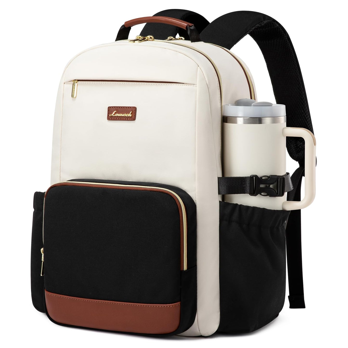 LOVEVOOK Laptop Backpack for Women with Pouch Pocket for Large Capacity Cup,17 Inch Laptop Computer Bag Travel Backpack Purse,Waterproof Work Business Backpack College Teacher Bags,Beige-Black-Brown
