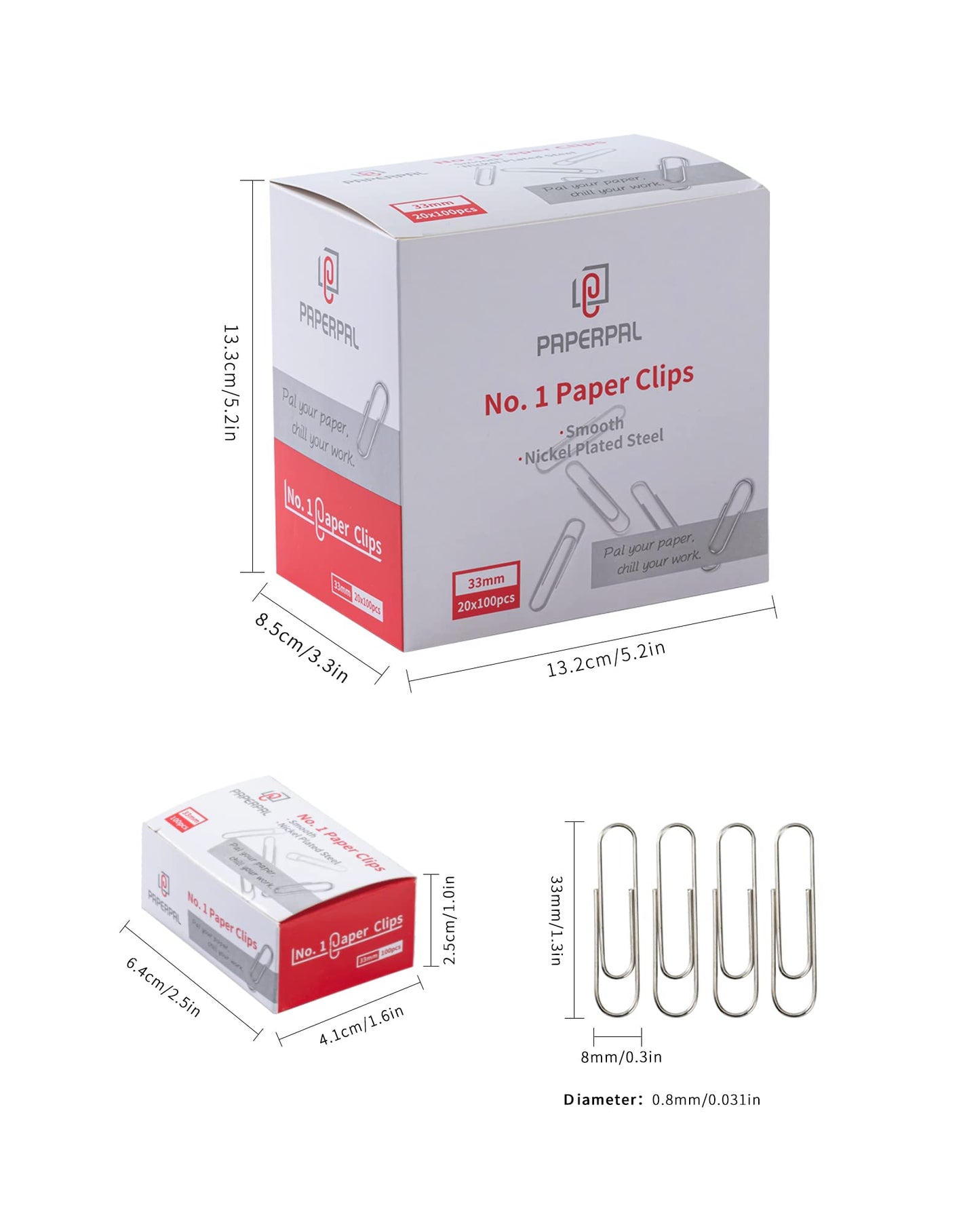 PAPERPAL Paperclips for Office School & Personal Use, #1 Smooth Paper Clip (1-2/7"), 2000 Medium Paper Clips (20 Boxes of 100 Each), Silver