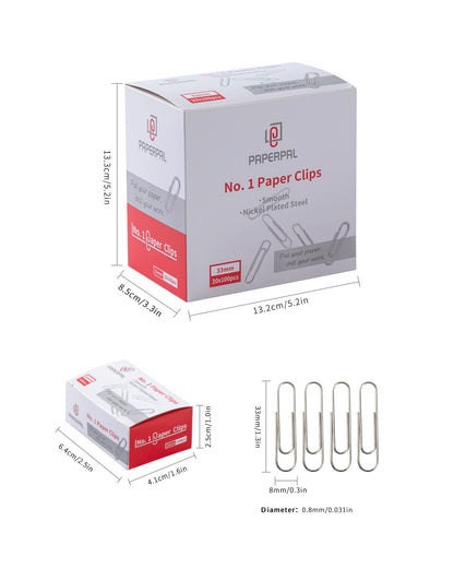PAPERPAL Paperclips for Office School & Personal Use, #1 Smooth Paper Clip (1-2/7"), 2000 Medium Paper Clips (20 Boxes of 100 Each), Silver