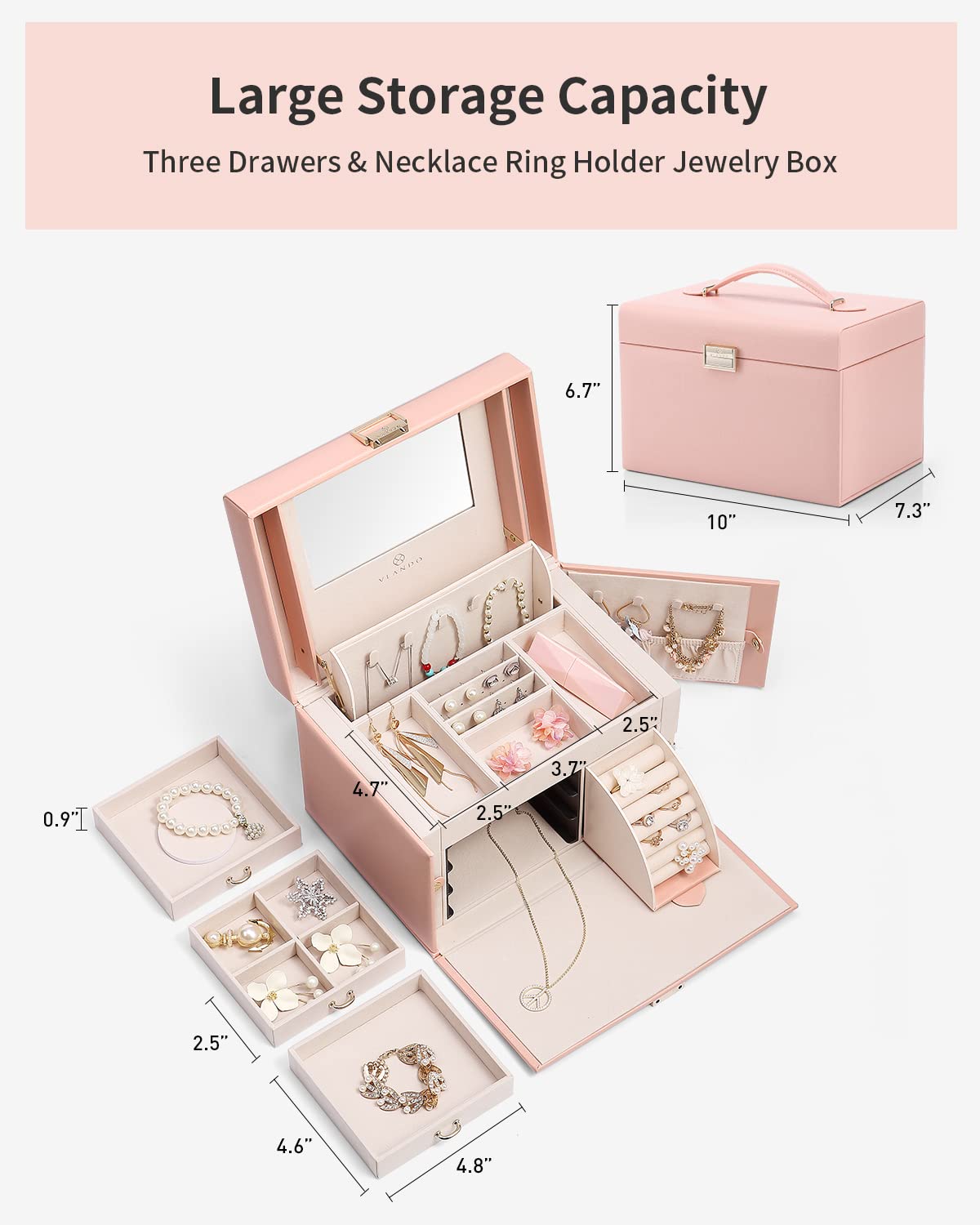 VLANDO Jewelry Box Organizer for Girls Women, Large Baroque Jewelry Holder Organizer with Mirror, 3 Drawers for Bracelets, Earrings, Rings, Necklaces, Mothers Day for Loved One, Pink