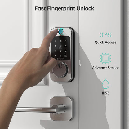 Keyless Door Lock with Handle Set - SMONET WiFi Fingerprint Smart Locks for Front Door, App Remote Control, Digital Bluetooth Keypad Deadbolt Set with Alexa, Auto Lock, Code, Fobs for Home Black