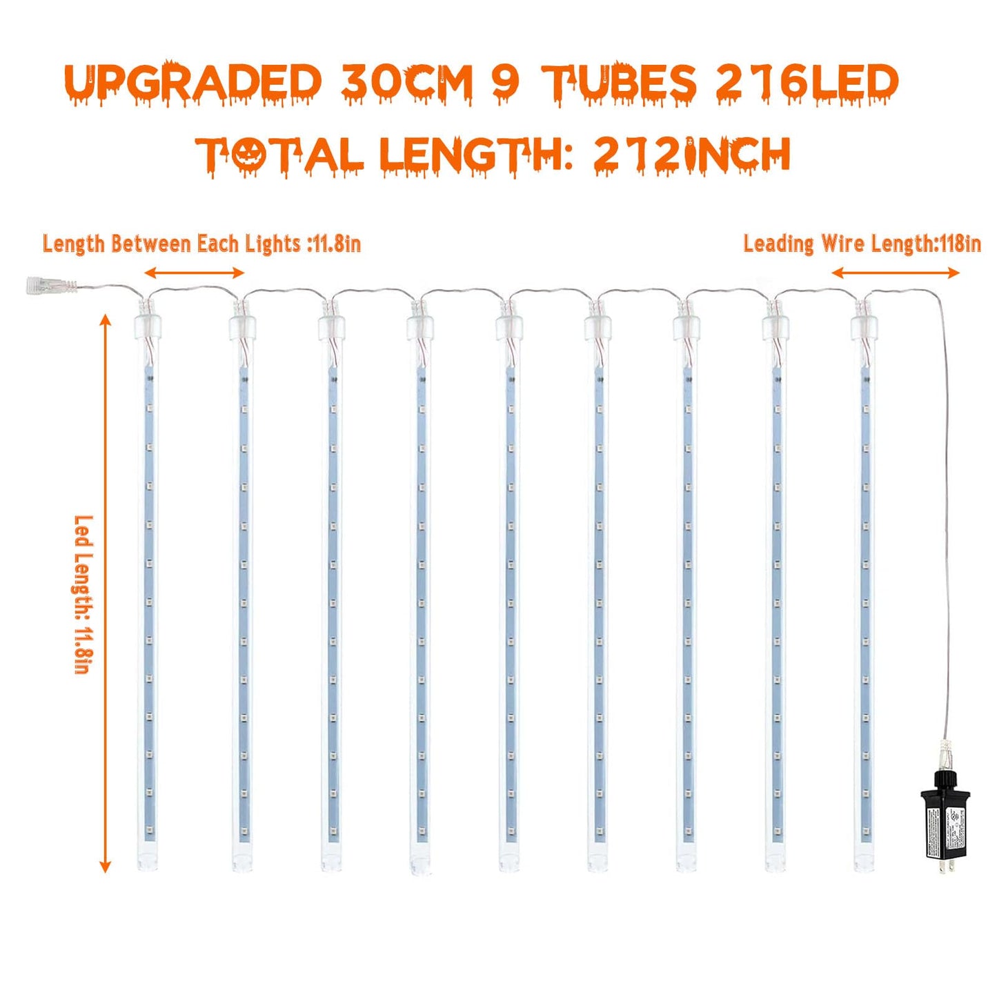 Outdoor Halloween Lights, 2 Pack Extendable Meteor Shower Lights Outdoor Waterproof with Timer, Total 432LED 18 Tubes Cascading String Light Plug in for Garden Halloween Yard (Orange Purple and Green)