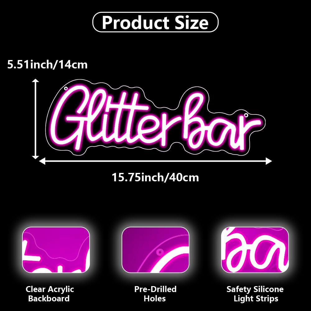 Glitter Bar Neon Sign,Bar Signs for Home Bar Decor,Led Bar Sign for Wedding,Birthday Party,Music Festival,Bachelor Party,Halloween, Christmas Decoration,Best Gift for Boys and Girls