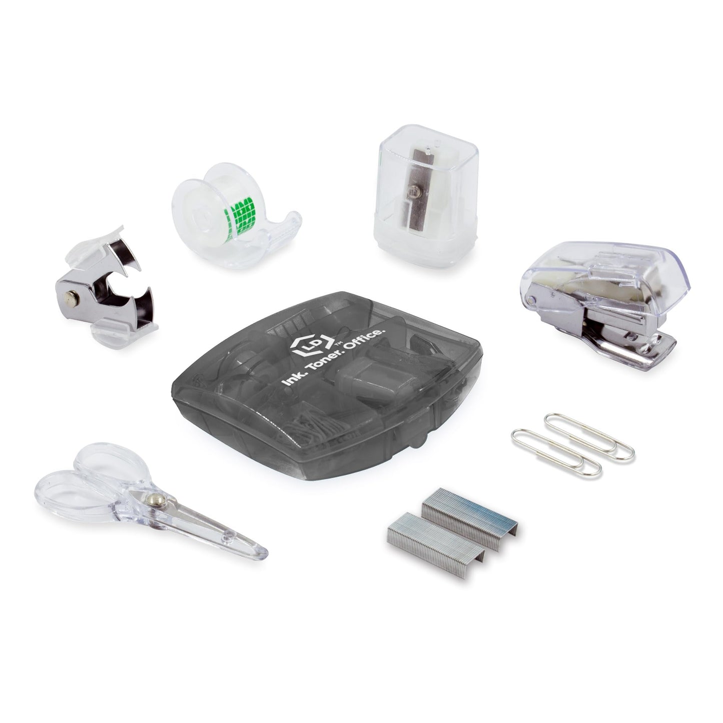 LD Products Black Mini Office Supply Kit Portable Case with Scissors, Paper Clips, Tape Dispenser Set, Pencil Sharpener, Mini Stapler with Staples and Staple Remover
