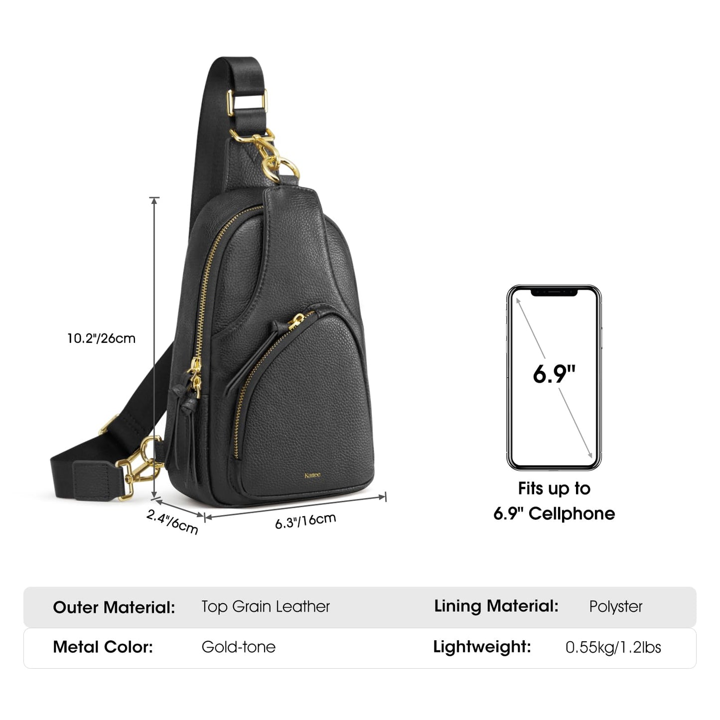 Kattee Sling Bag for Women, Leather Fanny Packs Crossbody Purse, Small Chest Bag with RFID Blocking, Black
