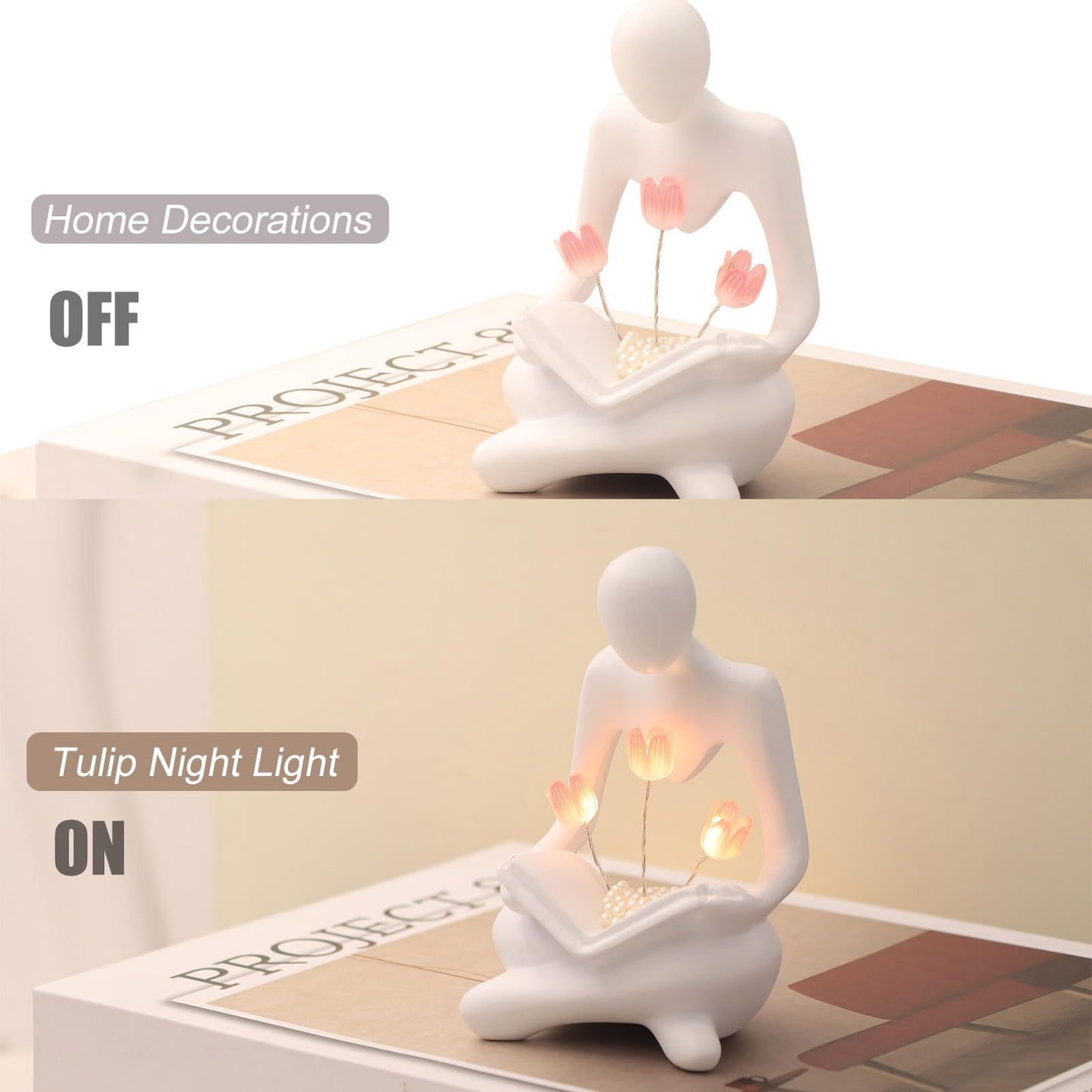 ITOWNKN Reading Sculptures Tulip Lamp,Thinker Statue Figurine Battery Powered Night Light,Modern Abstract Home Decoration, Living Room Bookshelf Office Shelves Desk Decor,Aesthetic Gift
