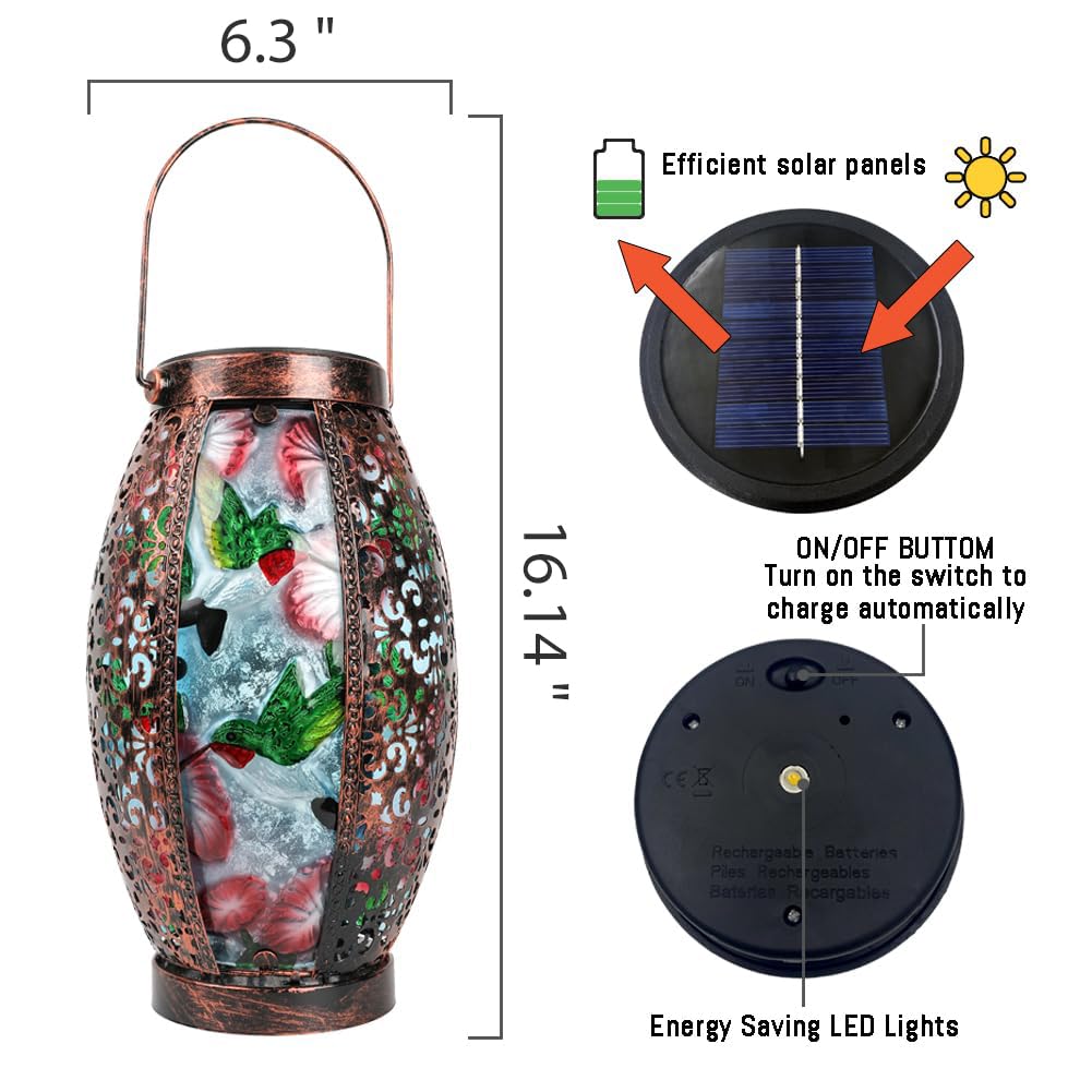 TEYIGARDEN 16" H Butterfly + 16" H Hummingbird Solar Lanterns Glass & Metal Hanging Lantern Outdoor Waterproof Tabletop Light with Hollowed-Out Design for Garden Patio Table Decor Christmas Gifts