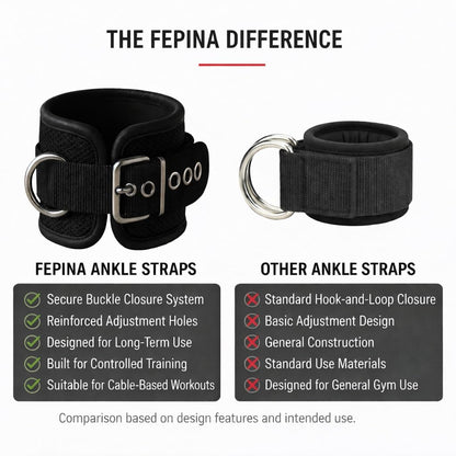 FEPINA Durable Ankle Straps for Cable Machines (2 Pack) – Adjustable Gym Ankle Cuffs for Men & Women, Heavy Duty Buckle Closure, Ideal for Glute Kickbacks, Hip Abductors, Leg & Thigh Workouts (Black, Pair)