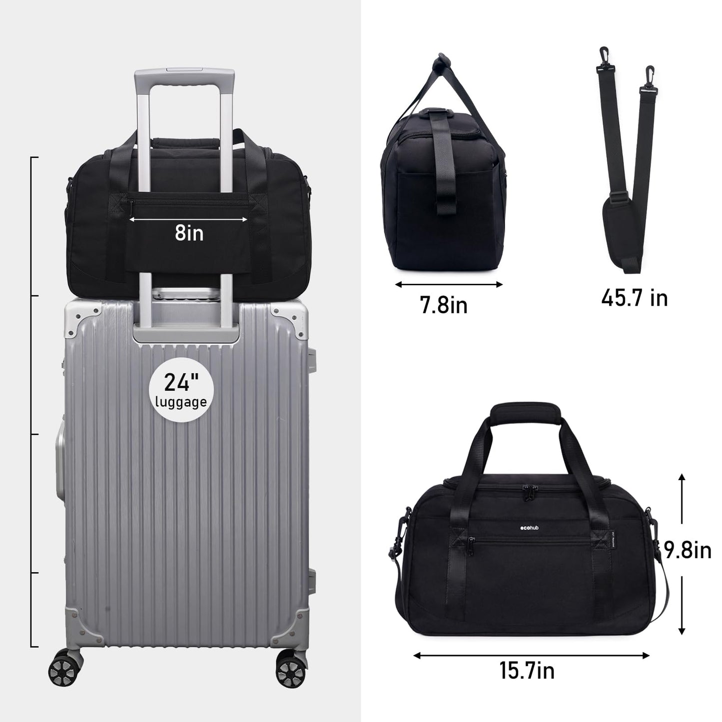 ECOHUB Personal Item Bag 16'' Small Duffel Bag Travel Bag WeekenderBag GymBag Tote Duffel bag Overnight Bags Travel Essentials for Women and Men Shoulder Bag Carry On Shoes Bag (Black)