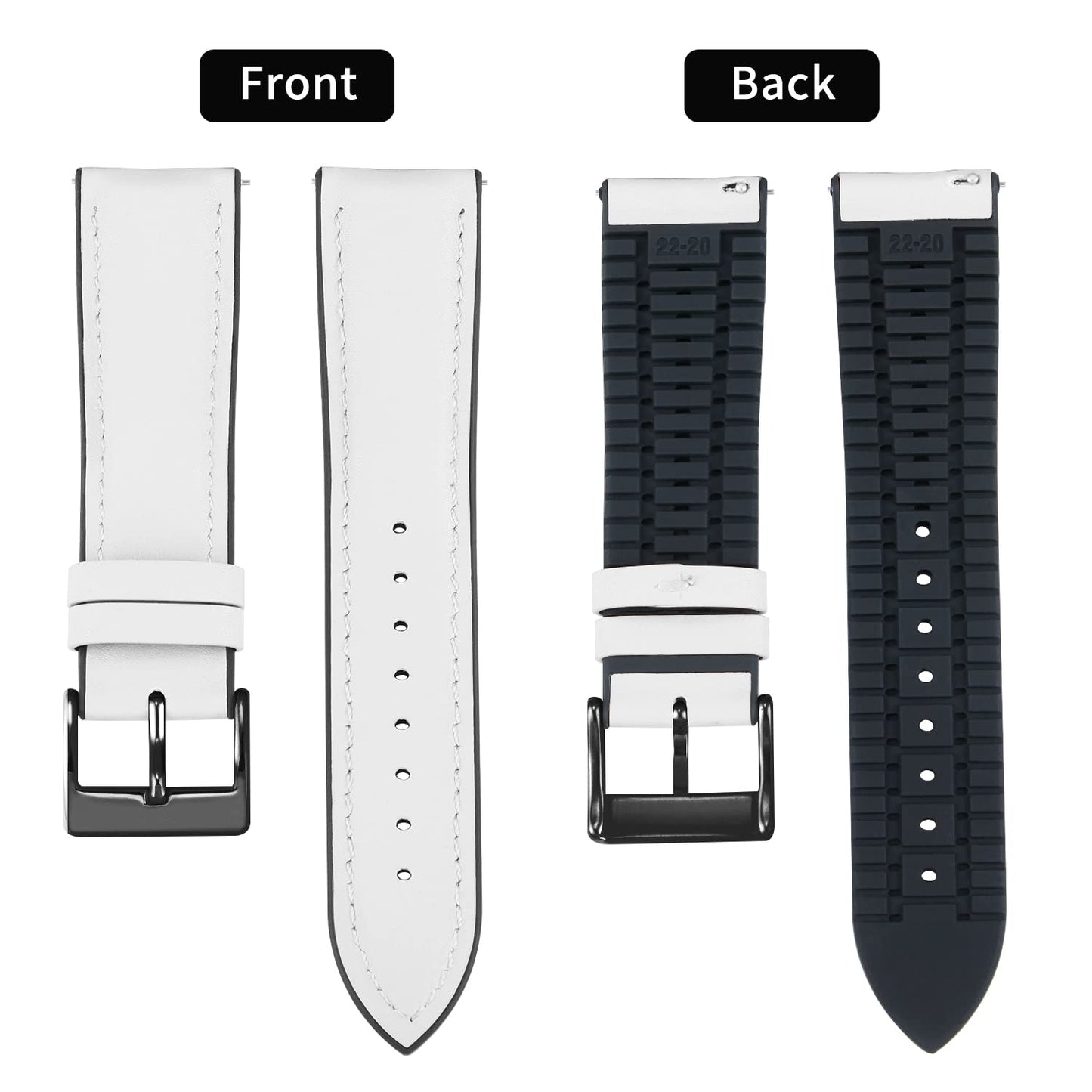 BINLUN Leather Watch Bands Quick Release 14mm-22mm Breathable Micro-Perforated Leather & Rubber Hybrid Watch Straps Silicone-Lined SmartWatch Replacement Bands Men Women (White,Black Buckle,22mm)
