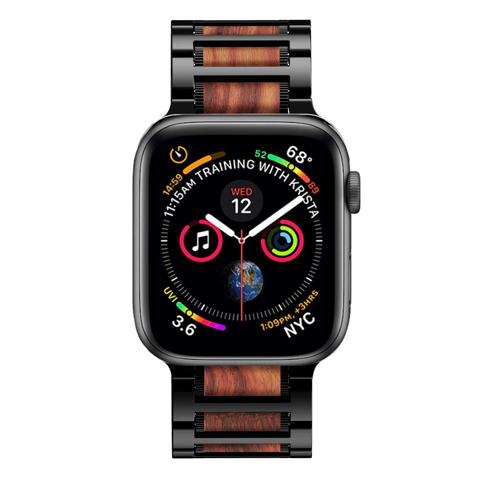 iiteeology Compatible with Apple Watch Band, Natural Wooden Steel Link Bracelet for iWatch Ultra 3/ Ultra 2/ Series 1-11 49mm 46mm 45mm 44mm 42mm - Black