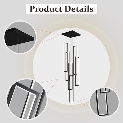 Flashing God Modern Chandelier,Black Chandeliers with 6 Ring Led Foyer Chandelier,Larger High Ceiling Chandeliers for Living Room,Rectangle Chandelier for Entryway Staircase LED Dimming 2700k-6001k