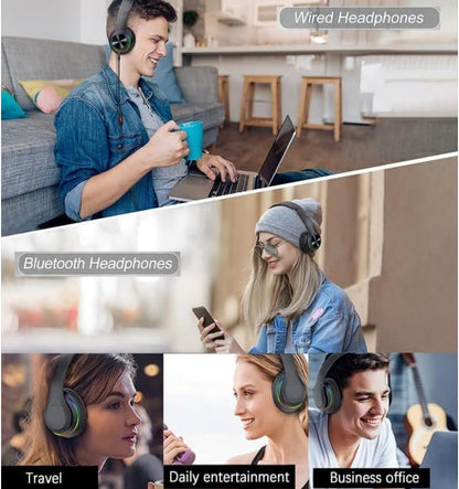 MGHOAQFRS Bluetooth Headphones Over Ear, Noise Reduction Wireless Headphones with Microphone/Deep Bass, HiFi Stereo Foldable Lightweight LED Headset for PC Home Travel Office