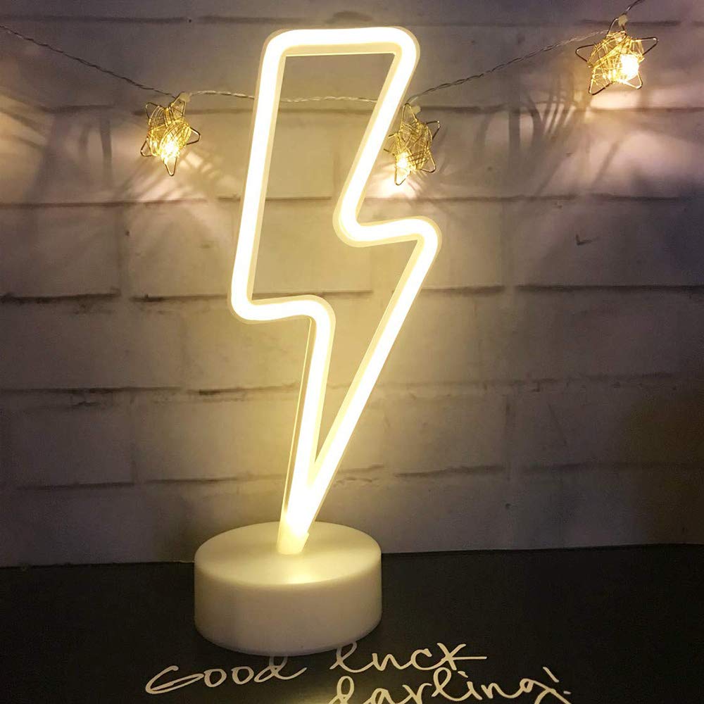 Warm White Lightning Neon Light Signs Lightning LED Lamps Lights Room Decor Battery/USB Operation Night Lights with Base Neon Light up Bar Bedroom Party Christmas
