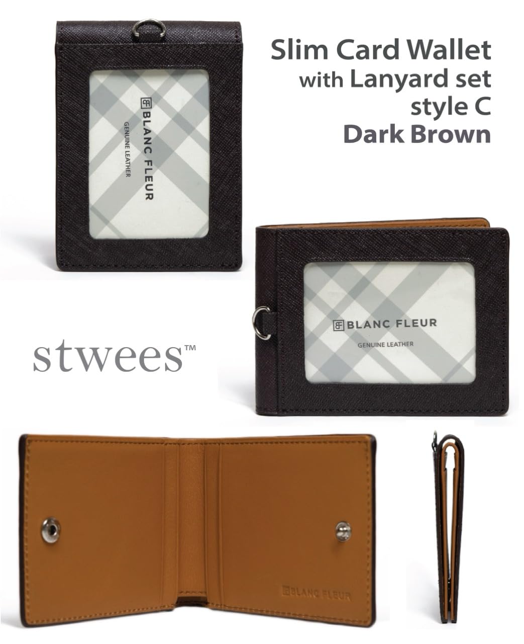 stwees Slim Leather Lanyard Wallet, Folding Card Holder with Snap Button, ID Badge Neck Wallet Set (Two-Tone, Brown)