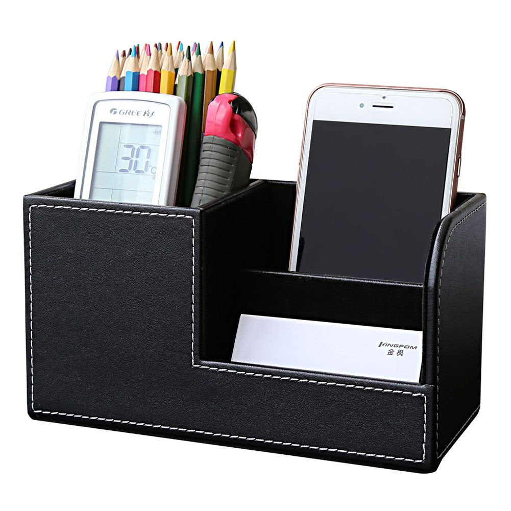 KINGFOM Desk Organizer Office Supplies Caddy Pu Leather Multi-function Storage Box Pen/Pencil,Cell phone, Business Name Cards Remote Control Holder Black