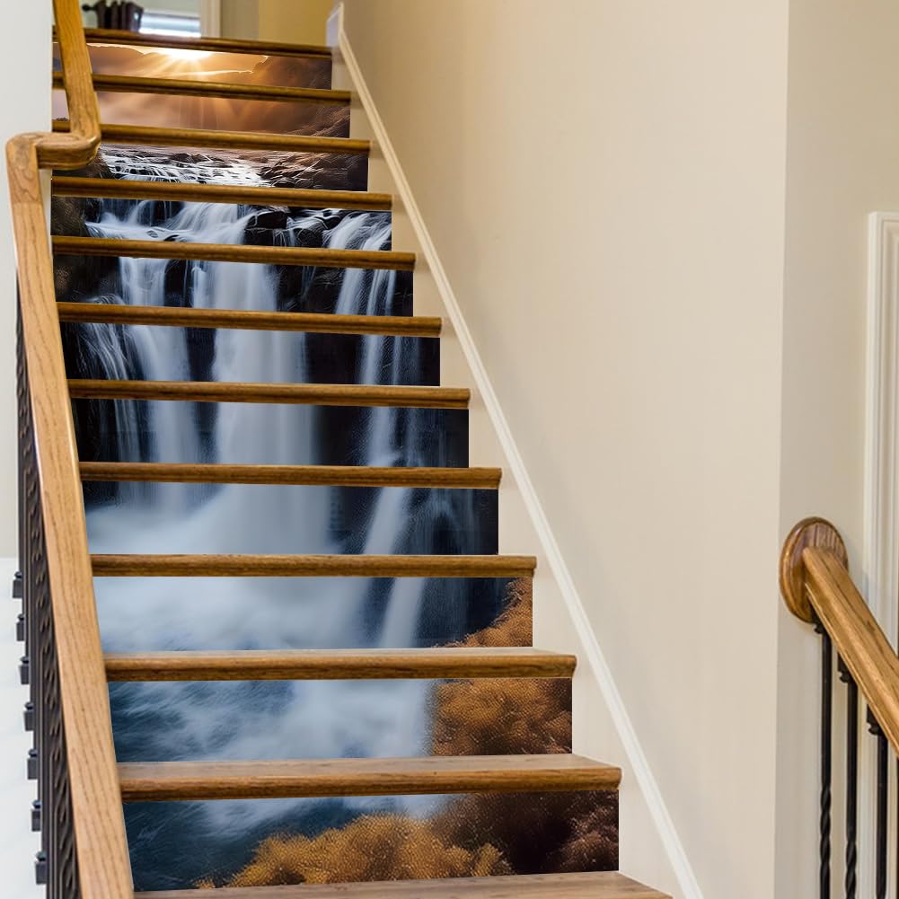 PLIGREAT 15 Strips 3D Waterfall Stair Decals, Peel and Stick Stairs Riser Stickers Natural Landscape Stair Risers Covers 7.1" x 39" Self-Adhesive Vinyl Stairs Riser Decals for Home Hotel Decor