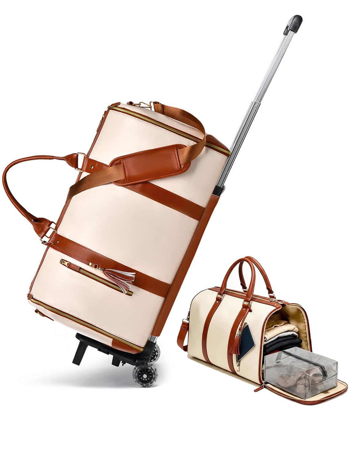 BSAKG 3 in 1 Convertible Garment Duffle Bags for Travel 45L Smooth Zipper Rolling Duffle Bag With Wheels Waterproof Carry On Duffle Bag for Men&Women with Weekends Weddings Business Short Trips Beige