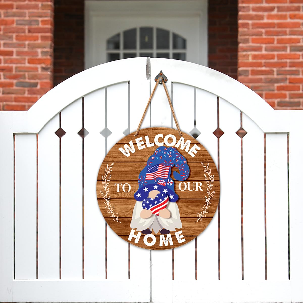 Interchangeable Gnome Welcome Sign Summer Patriotic 4th of July Door Wreath for Home, Gnomes Front Porch Decor Seasonal Wall Hanging Wood Wreath for Spring Fall Winter All Seasons Holiday, Caramel