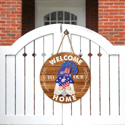 Interchangeable Gnome Welcome Sign Summer Patriotic 4th of July Door Wreath for Home, Gnomes Front Porch Decor Seasonal Wall Hanging Wood Wreath for Spring Fall Winter All Seasons Holiday, Caramel