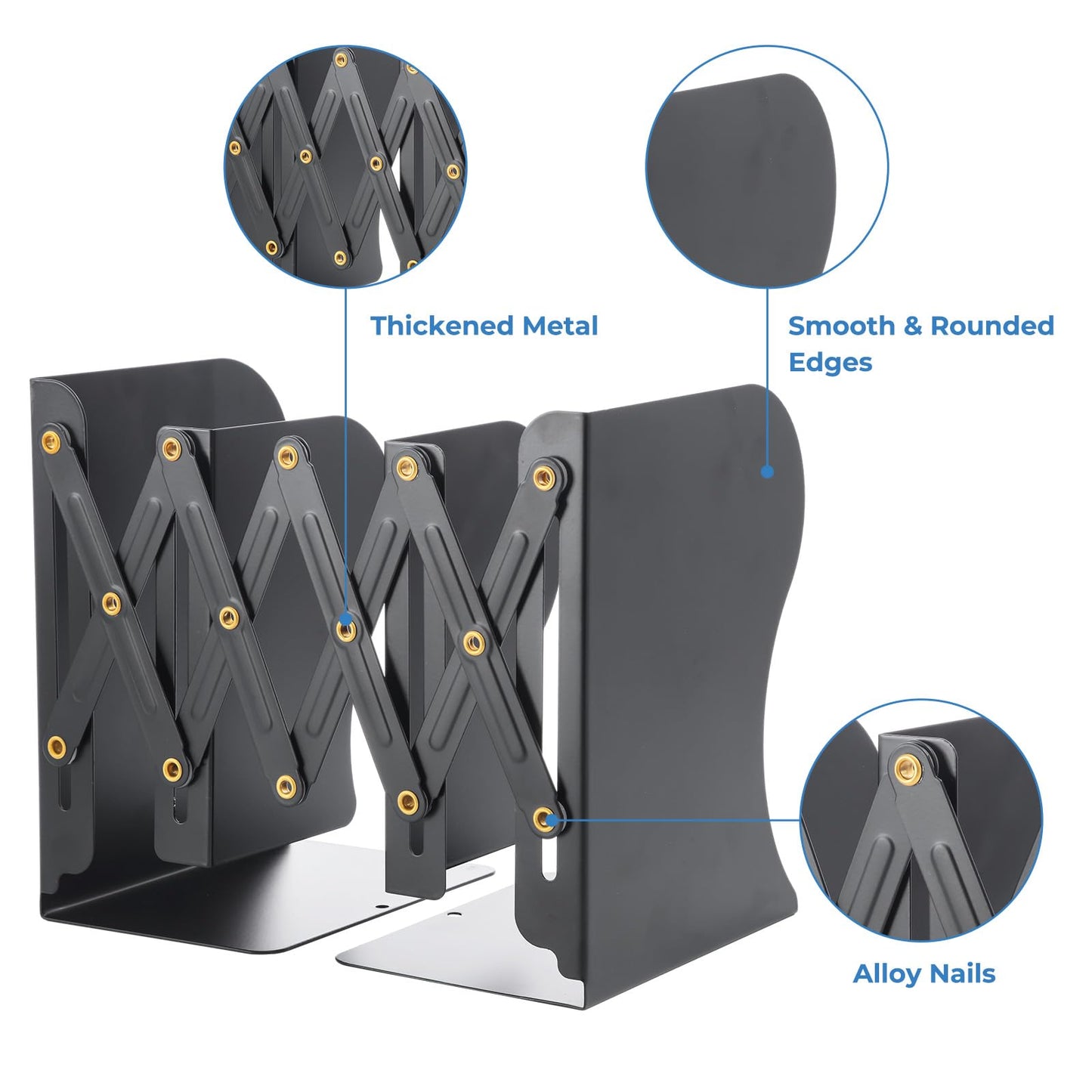 M&G Adjustable Bookends Book Ends for Shelves, Metal Bookend for Heavy Books, Desk Magazine File Organizer Holder Extends up to 20in, Book Stopper for Home, Office, Classroom (Black)