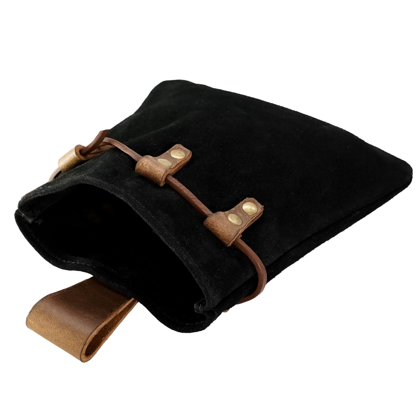 Lord of Battles Medieval Drawstring Bag Viking Style Renaissance Costume Leather Purse Coin Pouch Waist Bag for LARP, Renfaire, Cosplay, Reenactment (Suede Leather Pouch, Black)