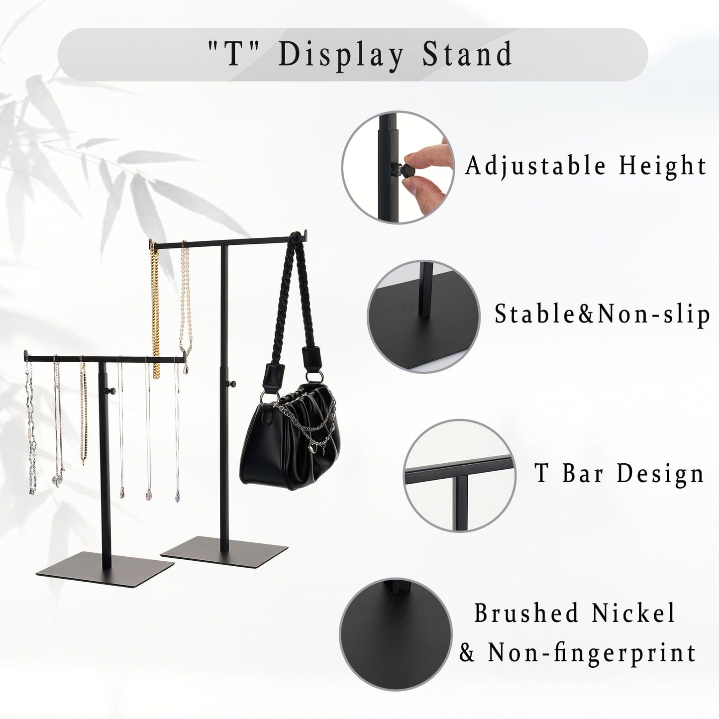 Purse Display Stand Jewelry Towers - 2 Pack Purse Stand Handbag Bag Display Black Tabletop Stainless Steel Hook Hanging Jewelry Stands for Necklaces Organizer Adjustable Height Home Store Boutique