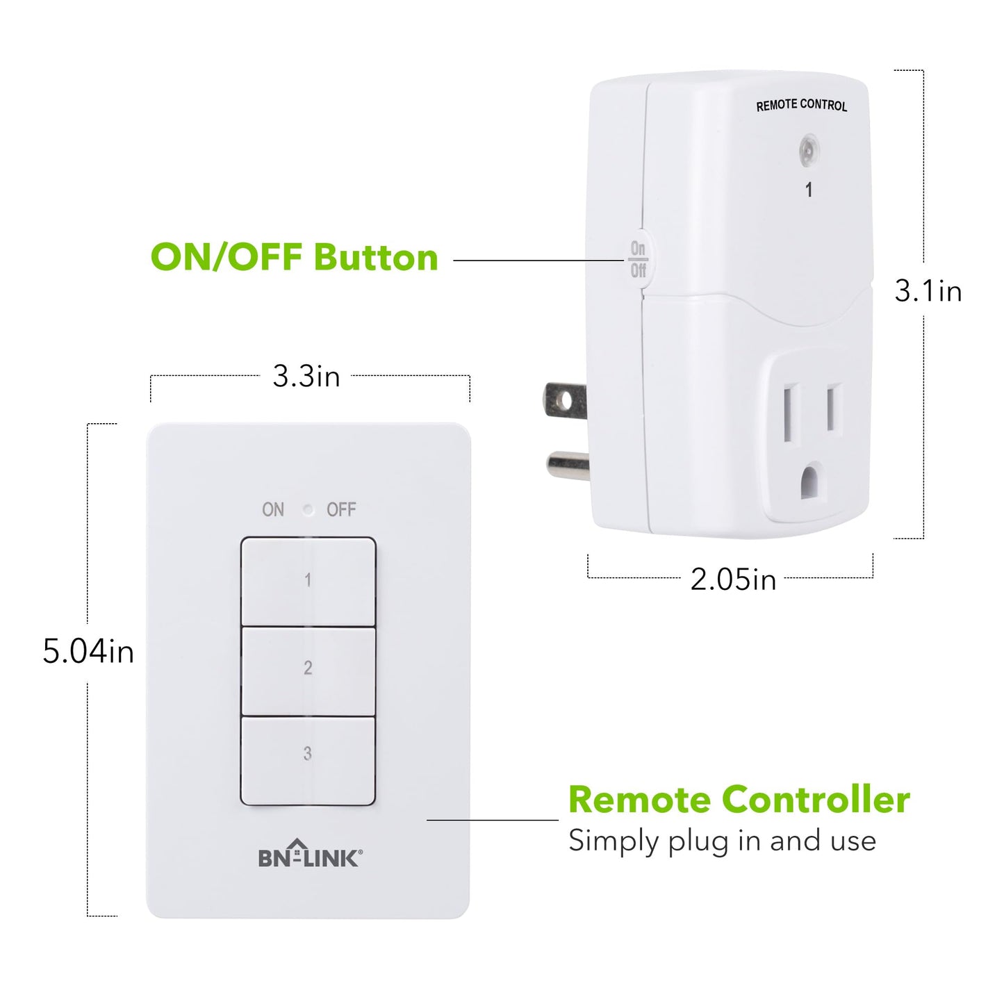 BN-LINK Mini Wireless Wall-Mounting Remote Control Outlet Switch Power Plug in for Household Appliances, Wireless Remote Light Switch, LED Light Bulbs, White (3 Outlets)
