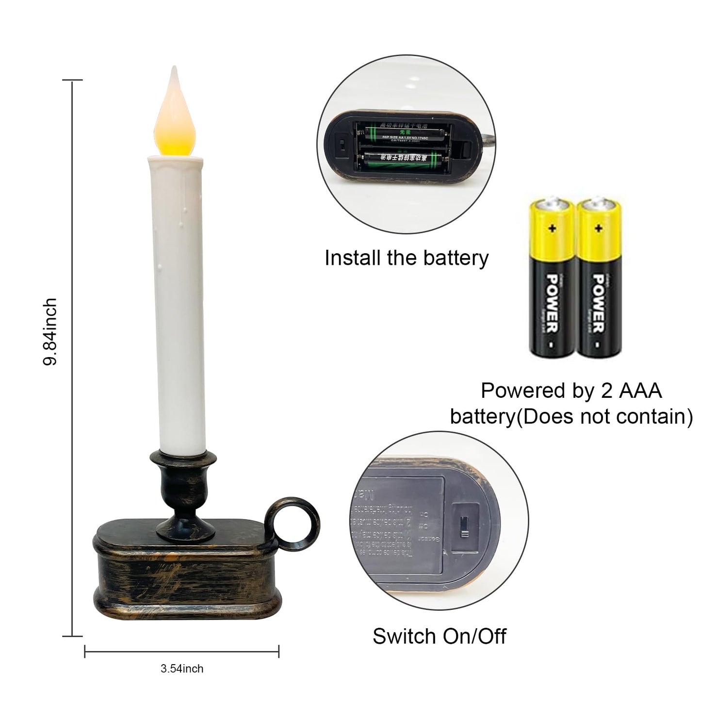 GOOTHY Set of 4 Battery Operated LED Window Candles, Dusk to Dawn Light Sensor, Flicker Flame Christmas Window Candles with Bronze Base, 10 Inch Flameless Taper Candle for Table Bedroom Christmas