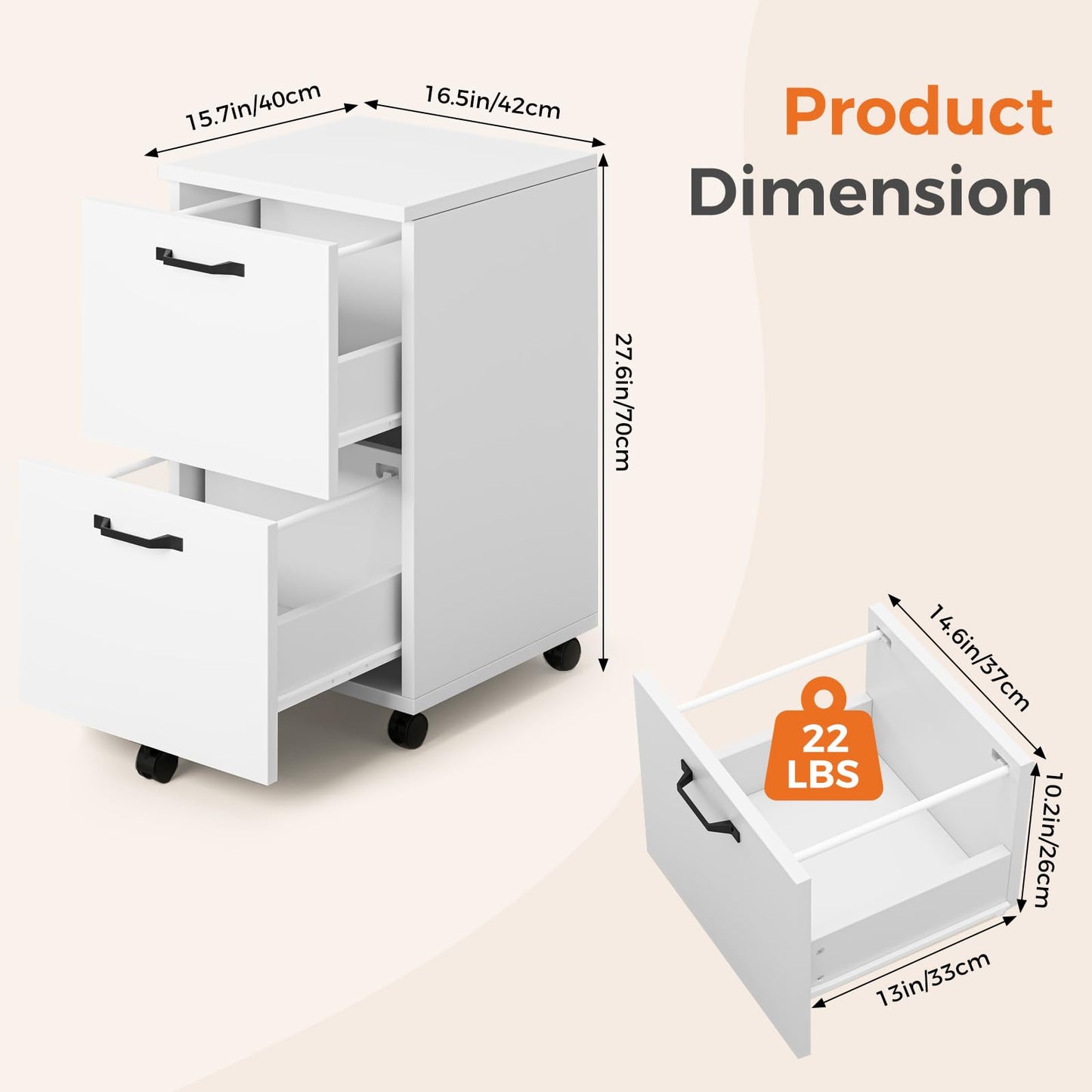 Sweetcrispy 2 Drawer Filing Cabinet White, Rolling Wood File Cabinets with Printer Stand Under Desk Storage Lockable Wheels, Home Office Organizer