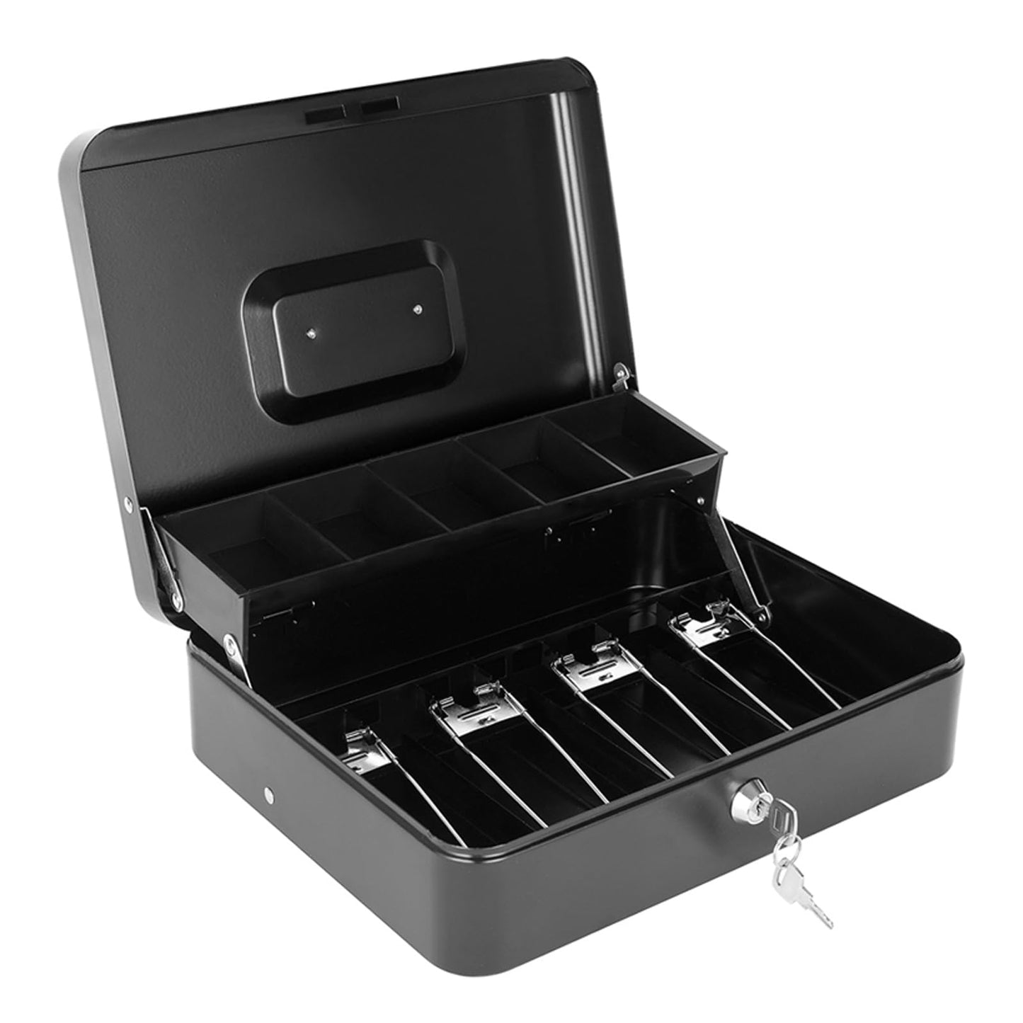 Cash Box with Money Tray and Lock, Metal Money Box for Cash Register, Large Cash Lock Box for Money Safe Includes 5 Slots Coin Tray, 4 Bill Slots, 4 Keys, 11.8" x 9.4" x 3.54" Black