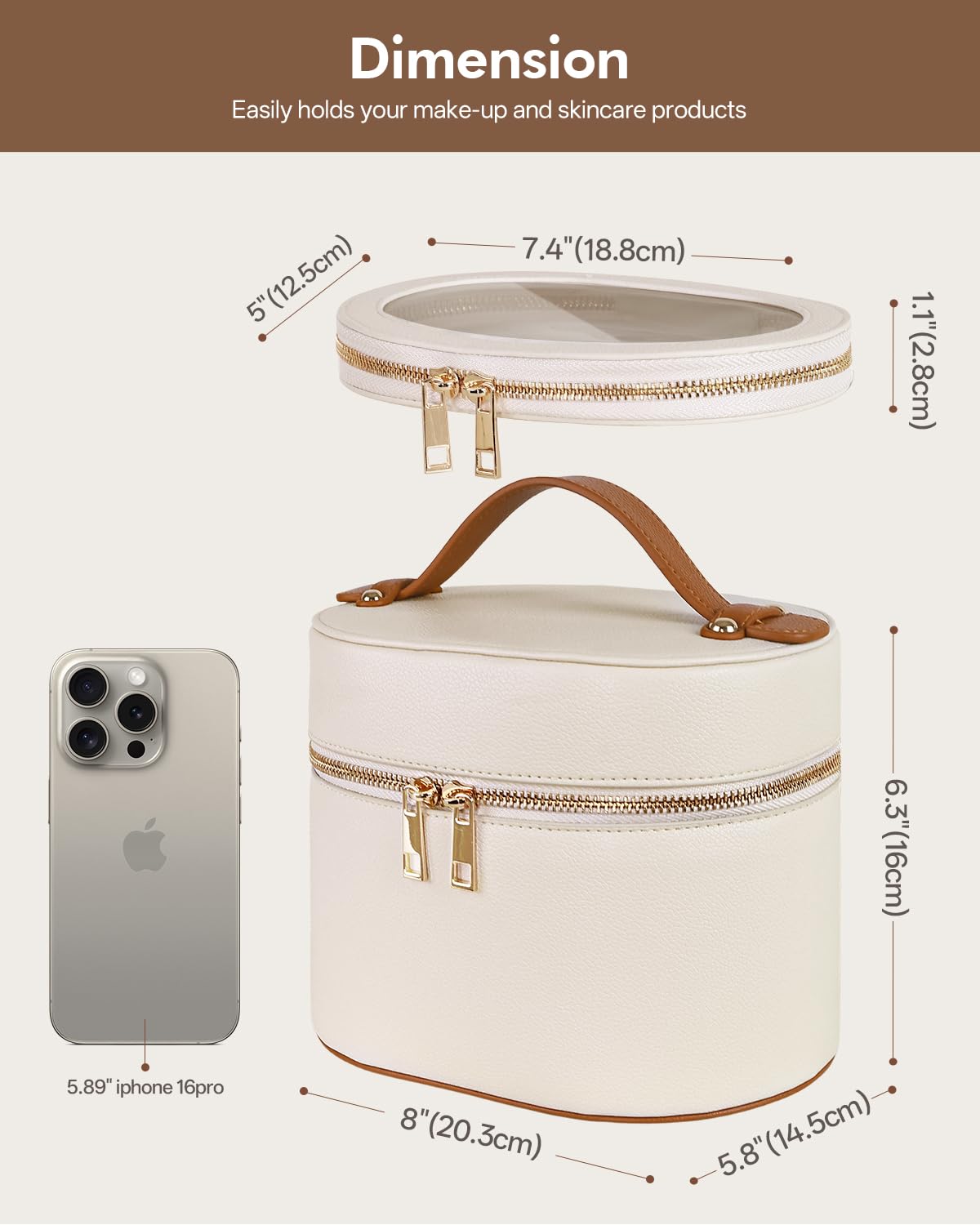 Prite Makeup Bag Travel Cosmetic Case with Clear Toiletry Pouch and Removable Divider, Vegan Leather Organizer for Women
