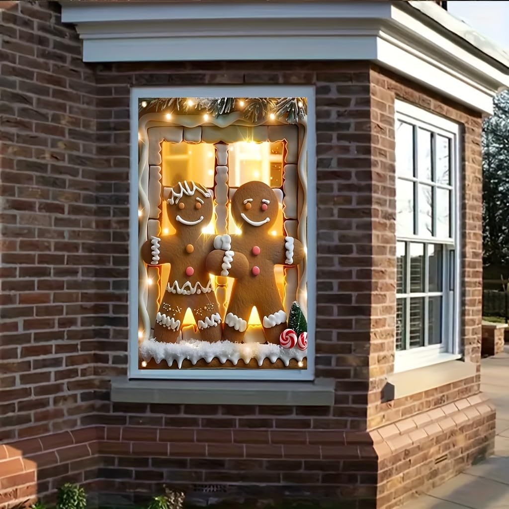 Tomhong Gingerbread Couple Christmas Window Banner 31x47 Inch Holiday Decoration Snowy Scene with Garland for Indoor Outdoor Home Wall or Window Display Cozy Christmas Decor