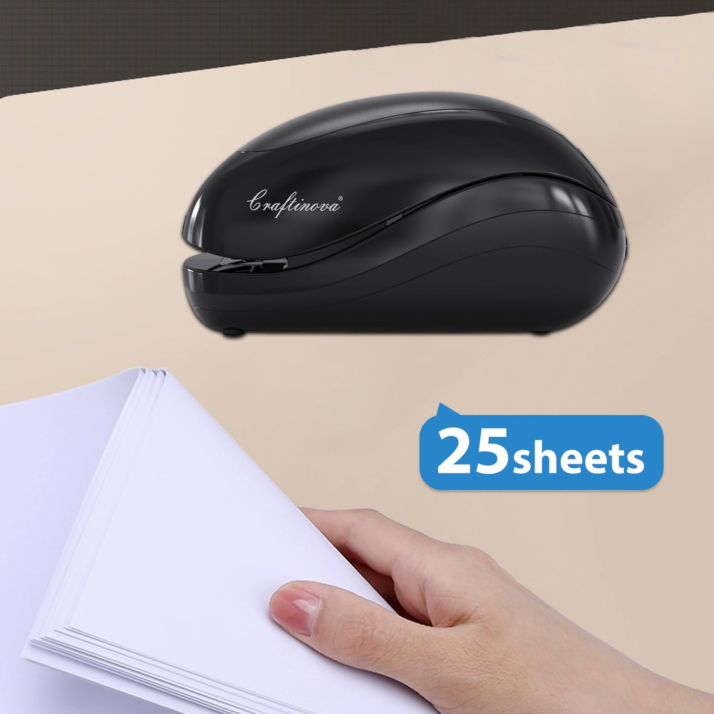 Craftinova Electric Stapler,Including 2000 Staples and 1 Staple Remover, Suitable for Palm Size and high Comfort，25 Sheet Capacity, AC Adapter or Battery Powered，Battery not Included，(Black)…