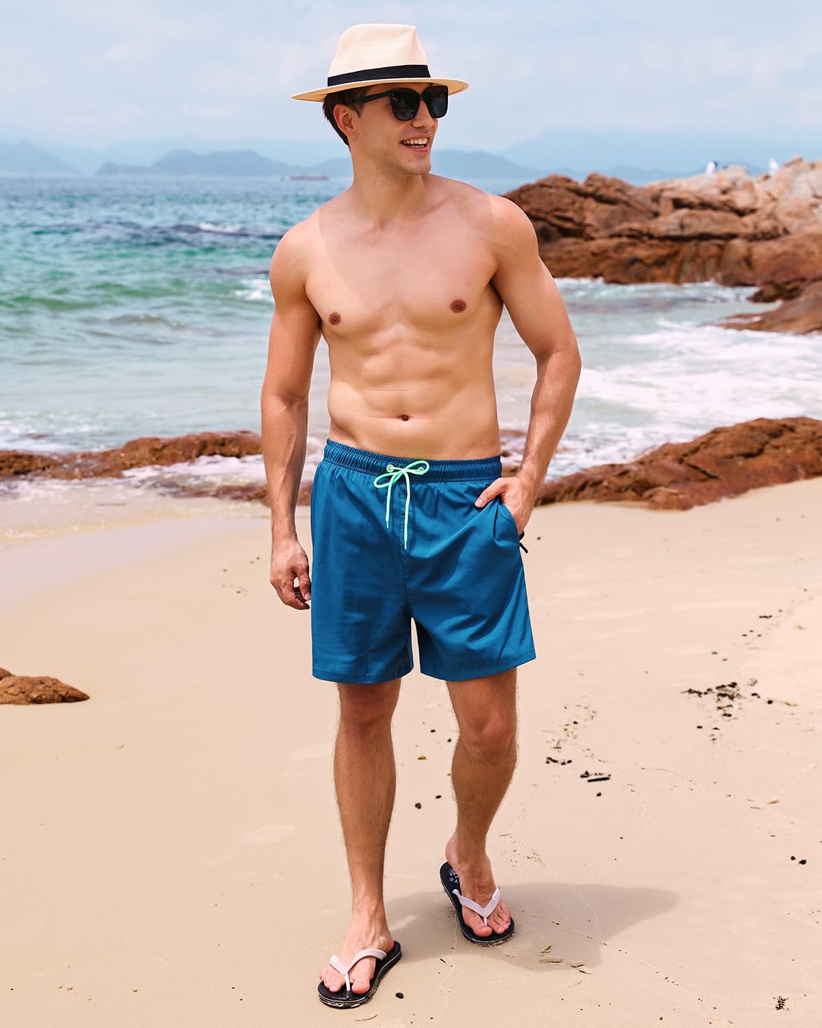 SILKWORLD Mens Swim Trunks Quick-Dry Bathing Suit Shorts, Blue, Large