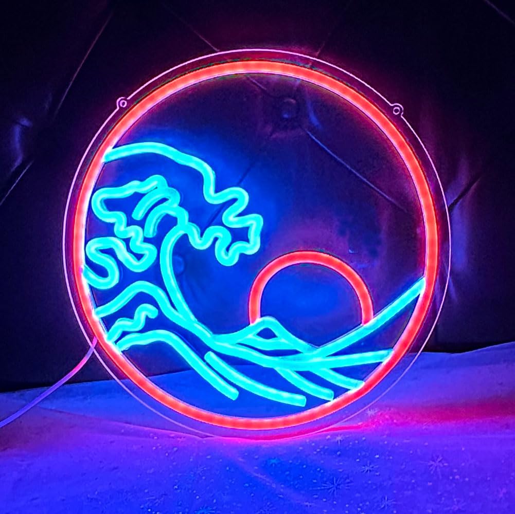 Sunset Sunrise Neon Sign Dimmable Sun On the Sea Neon Light for Wall Decor Wave Neon Signs Room Decor Bedroom for Men Cave Office Bar Birthday Party Christmas(Blue Red)