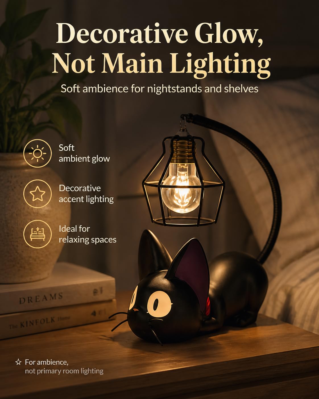 OVANUS Jiji Cat Lamp, Kiki's Delivery Service Night Light, Studio Ghibli Inspired Resin Black Cat Lamp for Bedroom Desk Shelf Decor, Gift for Anime Fans