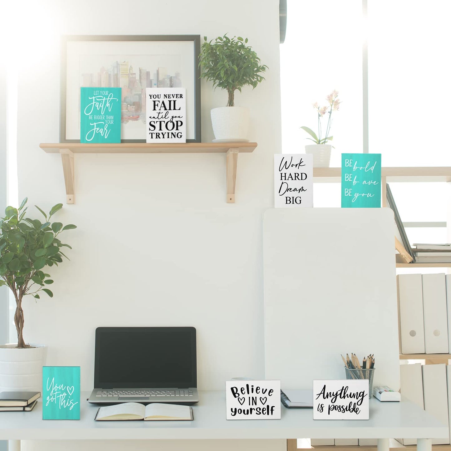 Yulejo 9 Pieces Mini Inspirational Desk Decor Motivational Quotes Wooden Signs Positive Office Desk Decor Bathroom Shelf Decoration Cheer up Gifts for Women Office, 3.5 x 2.5 Inch (White, Green)