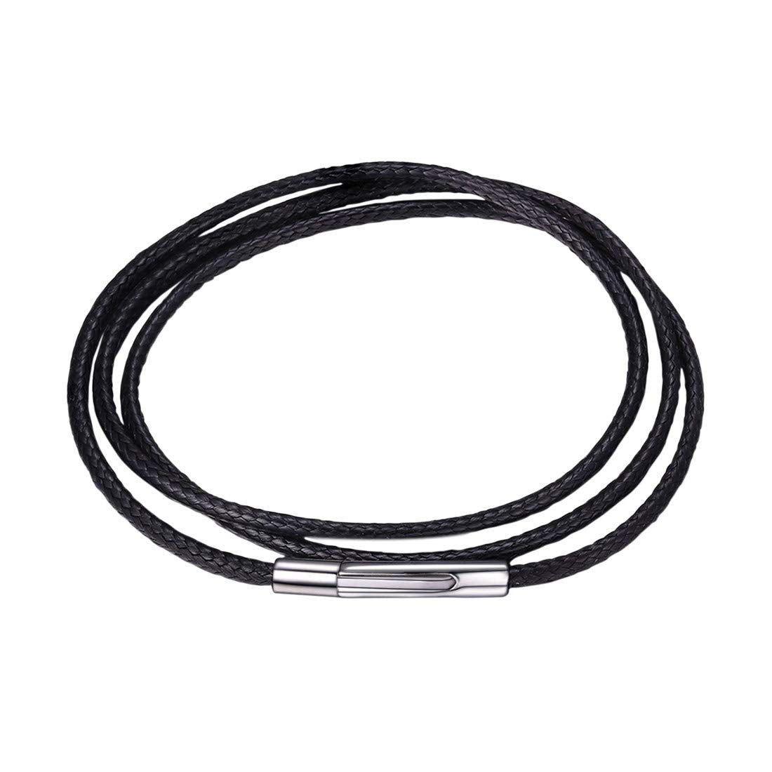 U7 Black Leather Cord Necklace with Stainless Steel Clasp, Men Women 2mm Wide Woven Wax Rope Chain for Pendant, Length 16 Inch