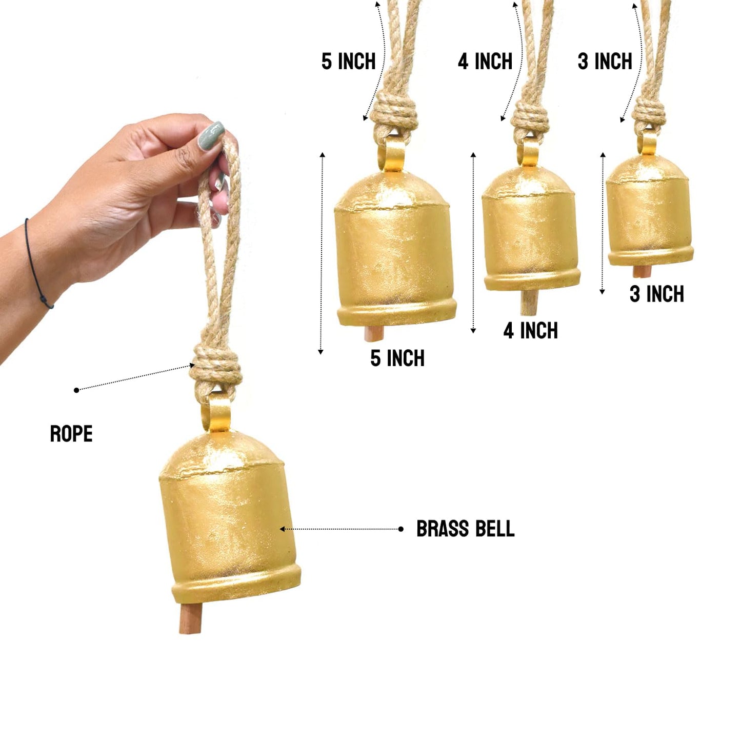 Christmas Hanging Large Cow Bells - Rustic Golden Metal Bells for Farmhouse, Garden & Holiday Décor (Medium (5”4”3” Inch))