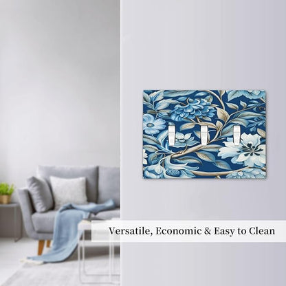 Blue Flowers Branches Leaves Floral Pattern Light Switch Covers 3 Gang Triple Toggle Wall Plate Decorative Switchplate Electrical Faceplate for Farmhouse Living Decor