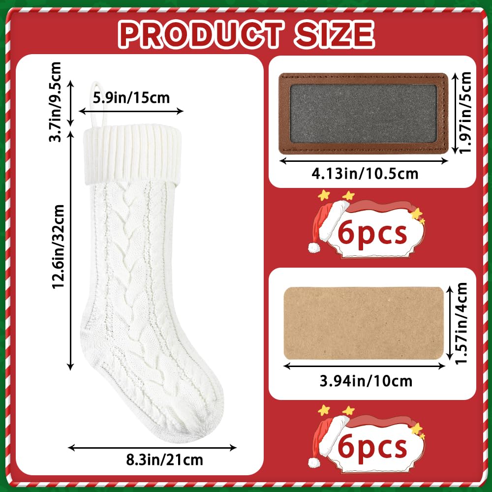 XOYTN 6 Pack Christmas Stockings, 18inch Large White Cable Knitted Stocking Personalized Xmas Hanging Stocking with Leather Patches Custom Name for Christmas Holiday Party Decoration