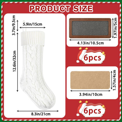 XOYTN 6 Pack Christmas Stockings, 18inch Large White Cable Knitted Stocking Personalized Xmas Hanging Stocking with Leather Patches Custom Name for Christmas Holiday Party Decoration