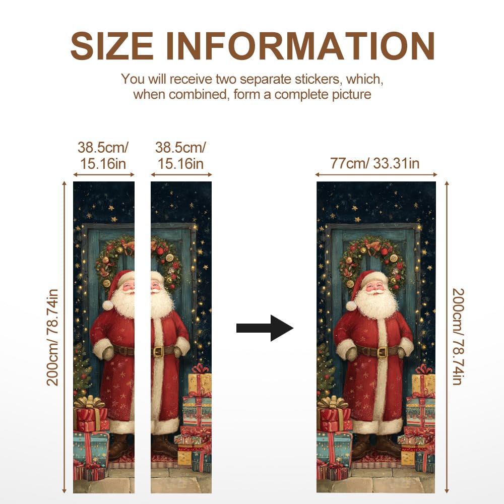 Santa Claus Christmas Door Mural Peel and Stick - Festive Holiday Gifts & Wreath Design, Decorative Self-Adhesive Door Decals for Indoor Room Decor, 30.31 x 78.74 Inch