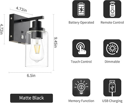 Dimmable Battery Operated Wall Sconce Set of 2 Black with 3-Color Temperature Bulb, 10000mAh Rechargeable Wireless Wall Sconces Set of Two with Remote Control Wall Light for Bedroom, Hallway