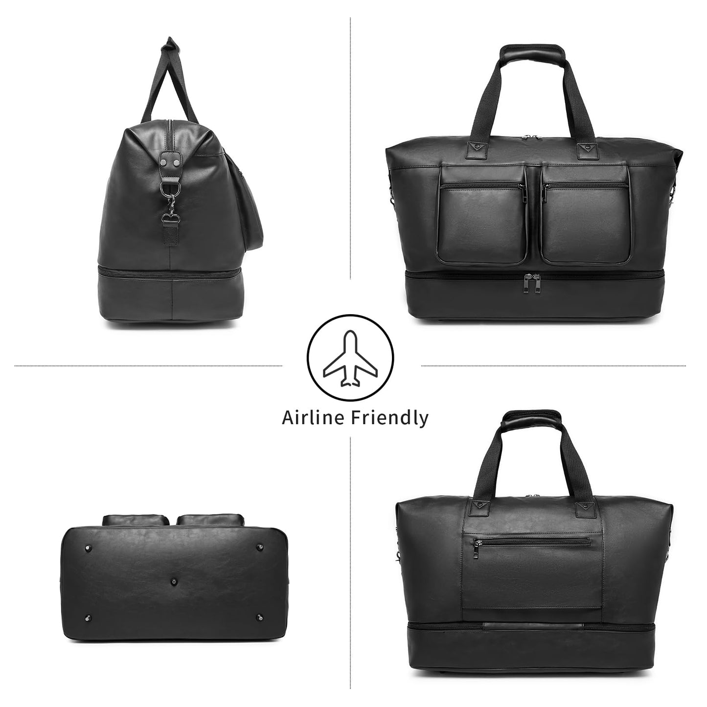 Pu Leather Travel Duffle Bag, Overnight Weekender with Shoe Compartment - Large Gym Bag for Men & Women - Black