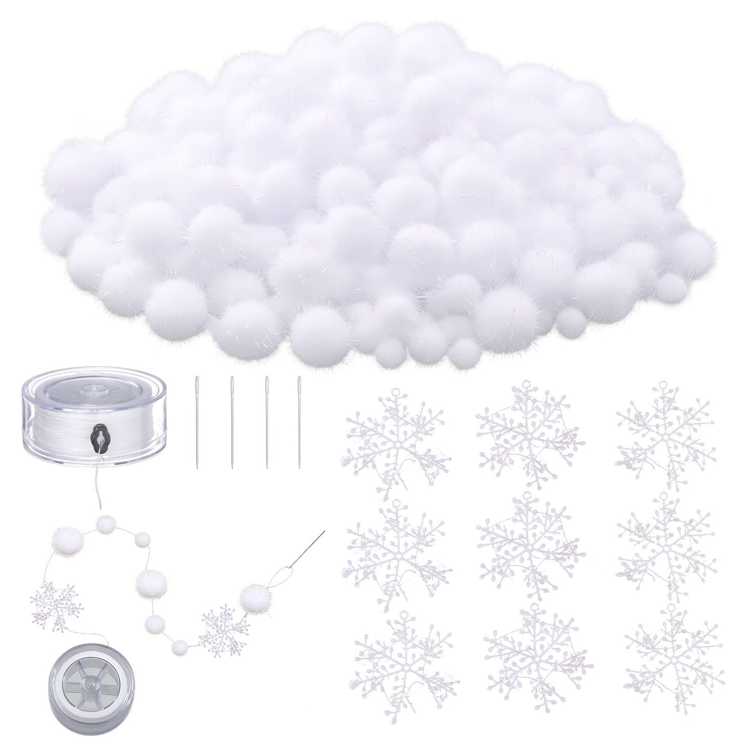 Seenelling White Ball with Snowflake Garland Winter Wonderland Party Decorations DIY Hanging Banner Ornaments Felt Snowball Pom Pom Plastic Snowflake Needles and Line
