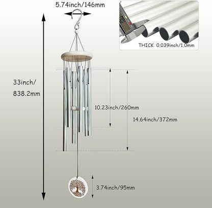 Wind Chimes Outdoors,33" WindChimes for Loss of Loved One,Memorial/Sympathy Gifts for Mother/Unisex/Father,Tree of Life Wind Chimes for Outside Zen Garden Home Yard Decoration (Silver)