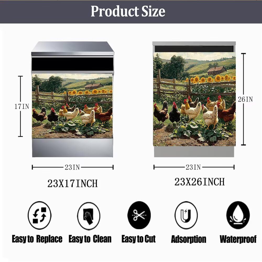 Country Chicken Dishwasher Magnet Cover, Farm Rooster Dishwasher Covers for Front, Magnetic Dishwasher Decal, Kitchen Decorative Fridge Appliances Sticker, 23"x 26"