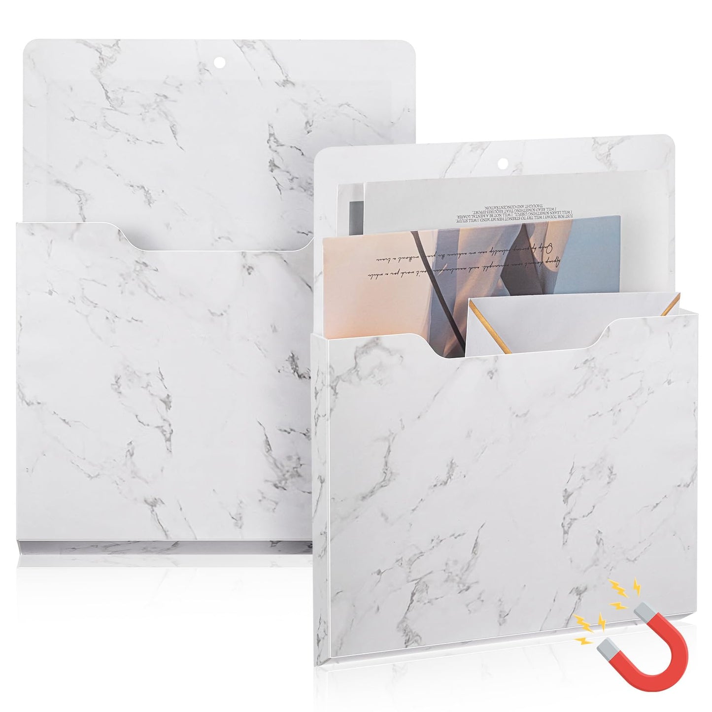 MotiMind 2 Pcs Magnetic File Holder White Marble Design Magazine Storage Wall Refrigerator Organizer Office Supplies Magnetic Paper Holder for Document Mail Magazine Letters Notebooks Organization